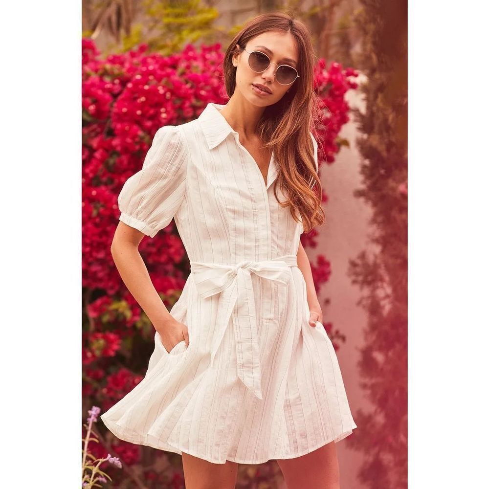✨Delightful Moments White Striped Puff Sleeve Button-Up Dress Lulus✨